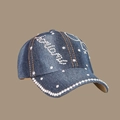 Berretto da baseball in denim blu scuro con strass scintillanti e tesa larga - Regolabile / Blu