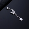Detail showing silver butterfly navel ring with zircon flower and dangling star charm - Butterfly Chain Silver