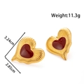 Golden heart-shaped titanium earrings with deep red enamel inlay, 3.24cm height - Heart-Shaped Radial Pattern - Red (YE-032-Red)