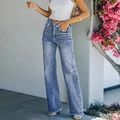 Women's vintage washed high-waist wide-leg jeans with distressed details for casual fashion - Light Blue