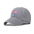 Close-up of pink flamingo embroidery on vintage grey washed denim baseball cap - Adjustable / Gray