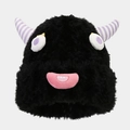 Dettaglio del berretto mostro nero in peluche con corna viola e viso creativo a cartone - Nero