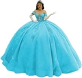 Light blue off-the-shoulder ball gown with sequins and matching long gloves - Lake Blue with Train