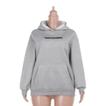 Detailed view of gray hoodie featuring black THATS SO FUNNY print and large kangaroo pocket - S / Gray