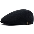 Men's black cotton linen flat cap with breathable texture and brass side buckles - Adjustable (54-59cm) / Black