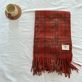 Brown plaid scarf with fringe and small label on white sheet with coffee cup background - 62*200cm / Persimmon Red