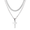 Double-layered silver necklace with herringbone chain, rectangle links and cross pendant - HS1459-19 Silver Double Layer Herringbone Box Chain Cross