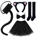 Dettaglio set con cerchietto orecchie da gatto nere, papillon e gonna in tulle con paillette - Set Nero Coda Lunga 5 Pezzi