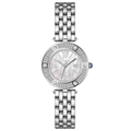 Elegant silver women's watch with mother-of-pearl dial and Roman numerals on white background - Stainless Steel/Alloy / Silver Case White Dial Steel Band