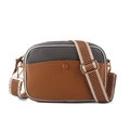 Crossbody camera bag in dark grey and brown pebbled leather with wide woven strap - Brown/Grey