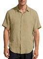 Men's summer short sleeve shirt in khaki cotton linen fabric with lapel collar - Army Green