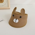 Kids cute cartoon bear straw sun hat with open top design in brown woven fabric - One Size / Brown