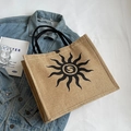 Linen tote bag with black sunburst print and thick rope handles for casual style - Black Sun Geometric Print