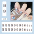 Short square blue and white marble press-on nails with silver glitter shards, 24 pieces - R597 Burst Flash Fragments