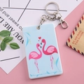 Tarjetero azul de dibujos con flamencos rosas y llavero de metal plateado - Flamencos enamorados