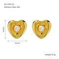 Gold-plated 304 stainless steel heart earrings with pearl inlay and product specs - Concave Pearl Heart Style (ZE1909G-2)