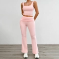 Women's pink knit two-piece set featuring a cropped camisole and high-waisted flared trousers - Pink