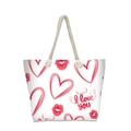 Close-up of the heart and lip print with I Love You text on a white canvas tote bag - White Heart Wing Style (jiayingstb22)