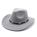 Detail view of the gray felt cowboy hat featuring a black and white braided band decoration - M (56-58cm) / Light Gray