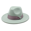 Detailed close-up of light green wool fedora hat with satin ribbon and rhinestone buckle - Mint Green