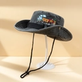 Dunkelgraue Kinder Sonnenhut mit Stickerei und verstellbarer Kordel aus Denim - M(56-58cm) / Schwarz und Grau