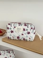 Beige floraler Cord-Kosmetikbeutel mit Steppmuster und Schleifen-Reißverschluss - Weinrote Blumen Cord (Achteckige Tasche)