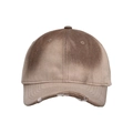 Close-up of distressed denim baseball cap with vintage frayed edges and khaki tie-dye texture - Tie-dye Coffee
