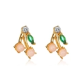 Pink cherry earrings in gold finish with green leaf accents and sparkling zircons - Fresh Pink Cherry Studs (4971)