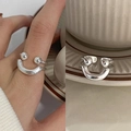 Minimalist silver smiley face ring for women with unique twist design in polished finish - Smiley Face Style Open Ring (J3520)