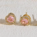 Pink heart-shaped stud earrings with gold plating and white cubic zirconia accents - Pink