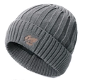 Grey knitted beanie with thick ribbed texture and brown leather leaf patch for winter wear - Grey (Hat Only)