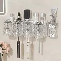 Set porta spazzolino da muro bianco trasparente con 4 bicchieri e spremi dentifricio - Argento Trasparente 4 Bicchieri + Distributore Dentifricio + Fiocco + Coniglio