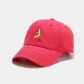 Close-up of pink cotton baseball cap featuring banana embroidery and stitched eyelets - M (56-58cm) / Rose Red