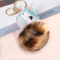 Cute unicorn keychain with a brown faux fur pompom and pink leather details - Light Gold 4-Link Lobster Clasp / Rabbit Fox Hair Unicorn