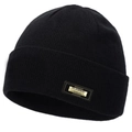Black winter knit beanie with classic cuff and classic fashion metal logo plate - Black
