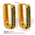 U-shaped 18K gold plated titanium steel earrings with double row green rhinestones - Style EH315 / Gold with Green Zircon