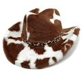 Détail d'un chapeau cowboy imprimé vache avec texture peluche et bandeau léopard doré - M (56-58cm) / Couronne Droite Café