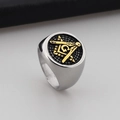 Vintage stainless steel Freemason signet ring with gold-tone G compass and black inlay - Silver Gold Two-Tone Round Style (KR39450-OT)