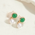Elegant gold earrings featuring green acrylic gemstones and round white pearls - Green
