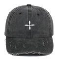 Casquette de baseball délavée avec broderie croix et effet usé vintage sur la visière - Réglable / Noir