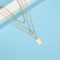 Three-layer gold stainless steel necklace with round zircon and rectangle pendant - Gold Three-layer Geometric Gem