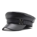 Classic black PU leather newsboy cap with metal M logo and flat top design for women - Adjustable (54-60cm) / Metal M Decoration Style / Black