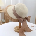 Cappello di paglia estivo da donna bicolore con fiocco grande e tesa a onde - Cappello di paglia patchwork - Beige