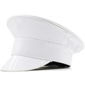 Detail of white patent leather flat top cap with shiny reflective finish and stitching - Glossy White