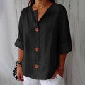 T-shirt nera da donna in cotone e lino con scollo a V e bottoni in stile vintage - Nero Con 3 Fibbie #8055 / 3XL