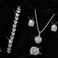 Luxury silver-tone jewelry set with square pendants and heart chain in brilliant zircon - Silver Square Gemstone Necklace Bracelet 4-Piece Set (3053)