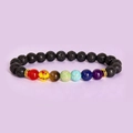 Adjustable black lava stone chakra energy bead bracelet with seven colored gemstone beads - Black Lava Stone with 7 Chakra Elastic Bracelet - jw22