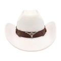 Weißer Filzcowboyhut mit braunem Lederband und silbernem Longhorn-Schädel-Ornament - Weiß
