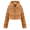 Detail of short brown faux fur jacket featuring a hooded design and metal ring zipper - 6XL / Camel