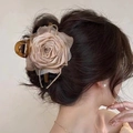 Elegant beige fabric rose flower hair claw clip shown on woman's updo hairstyle - 430 Dried Rose Flower Claw - Double-sided Large Flower - Beige
